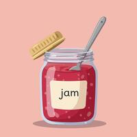 Red jam jar with spoon inside and open lid on pink background illustration for food condiment design vector