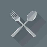 Fork and spoon crossed flat icon illustration with long shadow on grey background kitchen utensils design vector