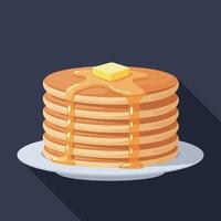 Stack of fluffy pancakes with butter and syrup on white plate illustration for breakfast food design vector