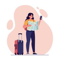Woman traveler using smartphone and map for navigation with suitcase standing in casual outfit illustration vector