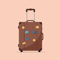 Brown travel suitcase with stickers and extended handle flat design illustration vector
