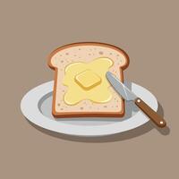 Toast with melting butter on white plate with spreading knife illustration in brown background vector