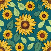 seamless pattern with sunflowers and leaves on a blue background vector