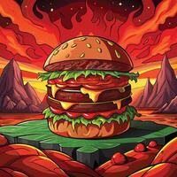 a cartoon burger with a red background and fire vector