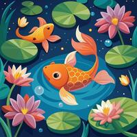 illustration of koi fish in the pond with lily pads and water lilies vector
