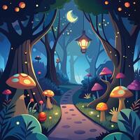 fairy tale forest with mushrooms, trees and lanterns vector
