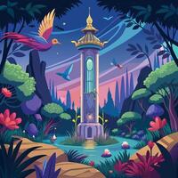 an illustration of a clock tower in the middle of a jungle vector