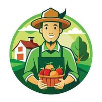 farmer holding basket of apples in front of farm house vector