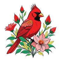 a red cardinal bird sitting on a branch with flowers vector