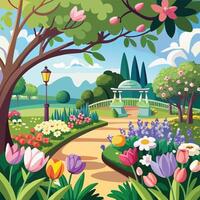 illustration of a beautiful garden with flowers and trees vector