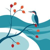 a bird perched on a branch with red berries vector