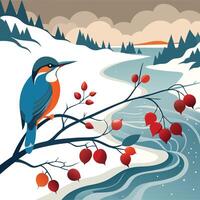 a bird sits on a branch with berries in the snow vector