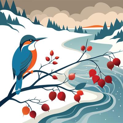 a bird sits on a branch with berries in the snow