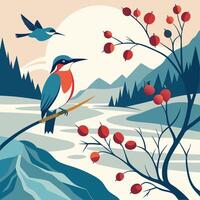 a bird sits on a branch with berries and a mountain in the background vector