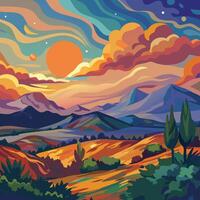 a painting of a colorful landscape with mountains and trees vector