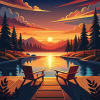 a painting of two chairs on a dock overlooking a lake vector