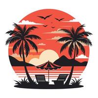 tropical sunset with palm trees and chairs vector