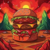 a cartoon burger with a red background vector