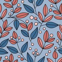 a blue and pink floral pattern with leaves and berries vector