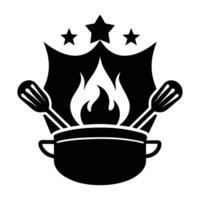 a black and white logo of a pot with a flame and two forks vector