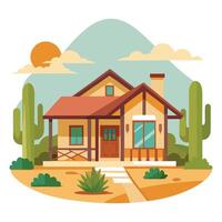 a house with cactus plants and a sun in the background vector