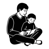 a black and white illustration of a man and child reading a book vector