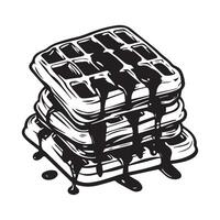 Belgian Waffle Stack with Dripping Chocolate Sauce, Monochrome Dessert Illustration Stock Image vector