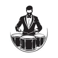 Silhouette Marching Band Drummer in Black Silhouette with Detail, Isolated Image on white background vector