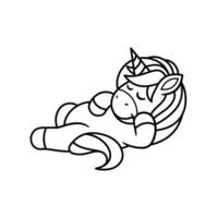 unicorn lying down with head resting on hand, cartoon coloring book vector