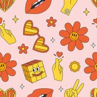 Seamless pattern in trendy groovy retro cartoon style. Funny retro background with groovy elements. Hippie 60s, 70s style. vector