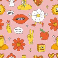 Groovy hippie 1970s seamless pattern. Funny retro background with groovy elements. Flower power. Hippie 60s, 70s style. vector