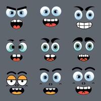 Funny cartoon character faces, abstract mascot sticker and badges in happy, angry expression vector