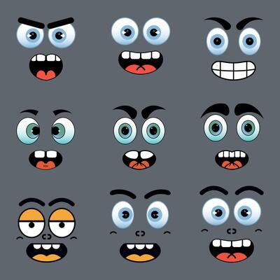 Funny cartoon character faces, abstract mascot sticker and badges in happy, angry expression