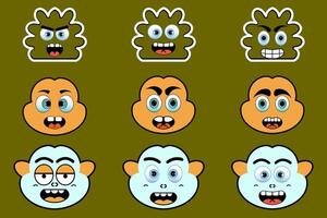 Cartoon sticker on character faces, abstract mascot funny sticker and badges vector
