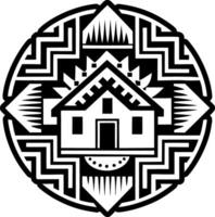 A black and white drawing of a house in a round pattern vector