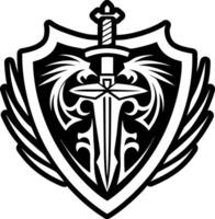 A shield with a sword and wings on it vector