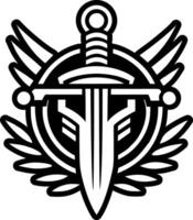 A black and white logo with a sword and wings vector