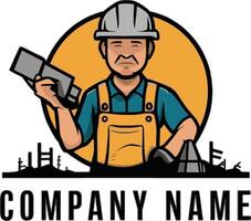 Construction worker holding a hammer and a sign with company name vector