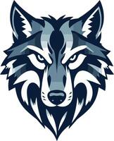 The head of a wolf is shown in blue and white vector