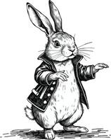 A black and white drawing of a rabbit in a suit vector