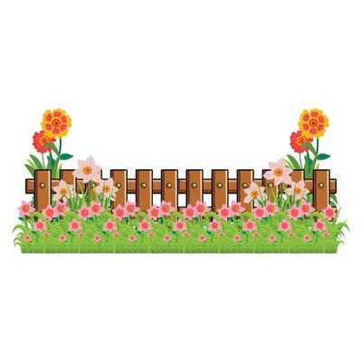 A wooden fence with flowers and grass