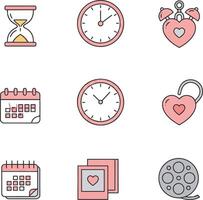 A set of icons including a clock, a heart, a watch, a heart, and a vector