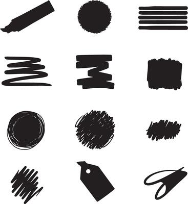 A set of black ink brush strokes and other items