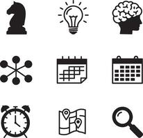 A set of black icons including a clock, a light bulb, a calendar, and a chess vector
