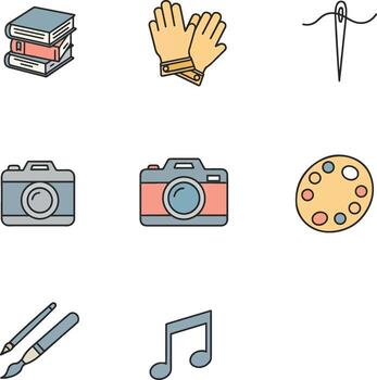 A set of icons that include a camera, a book, a glove, a pencil, a vector