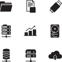 Various black icons including a computer, a flash drive, and a server vector