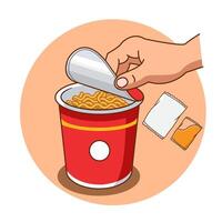 Tutorial How to Cook Instant Cup Noodle Step 1, Hand Open Lid a Cup Noodle Illustration Cartoon Design vector