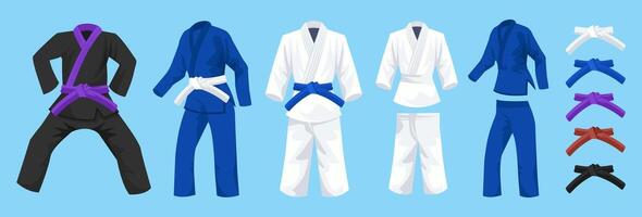 Martial Arts Kimono and Belt Set. Jiu-jitsu Gi Uniform with Color Belts vector