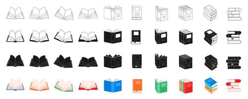 Open Book Icon Set. Open Book in a Black and White, Silhouette, Line Art, and Colored vector