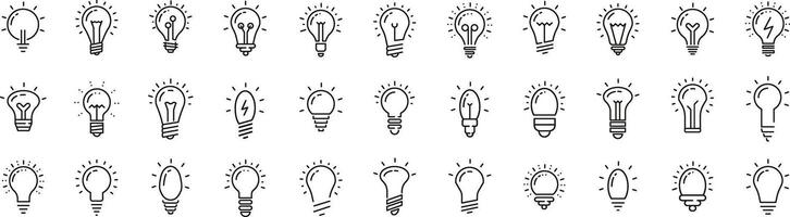 Linear Bulb Icons Collection. Thin Line Set of Lamps and Light Symbols vector